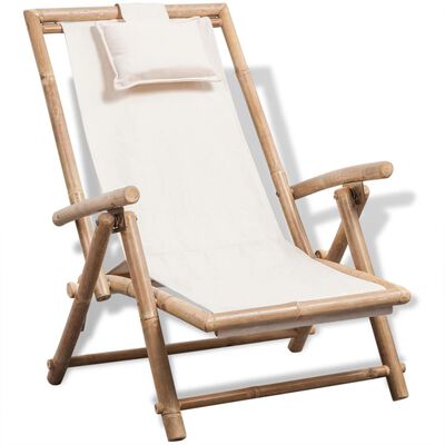 Relaxstoel verstelbaar bamboe en stof wit
